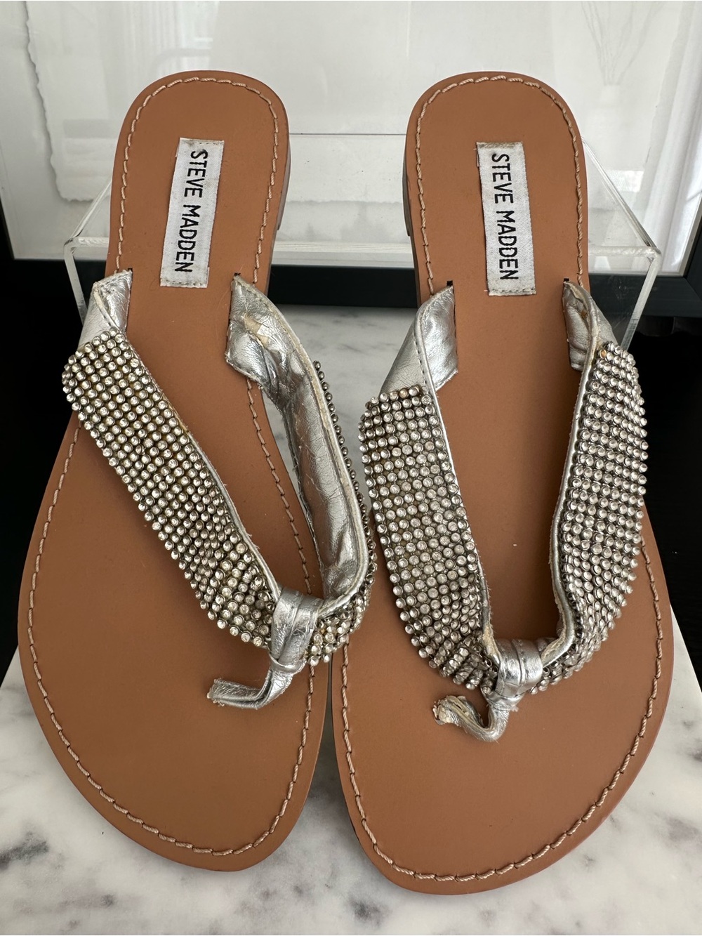 Steve Madden Silver Rhinestone Thong Sandals